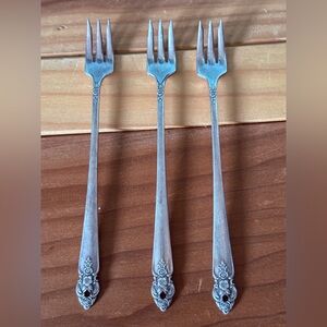 3 Prestige Plate Silverplate 6” Cocktail Forks Vintage Rose Floral Pattern